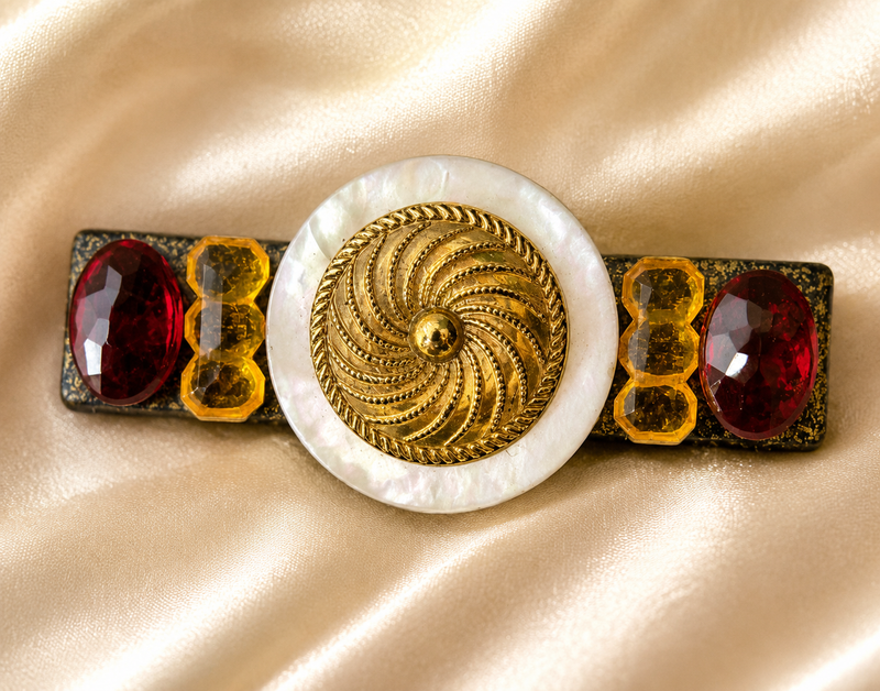 Vintage mother of pearl with orange and gold paste accents brooch
