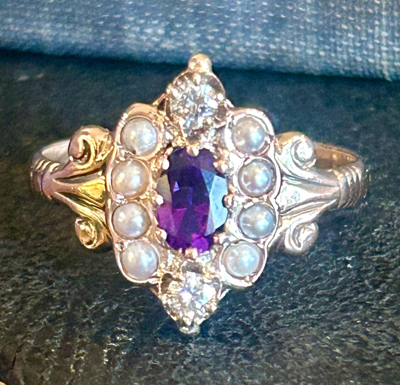 Victorian 14K amethyst, dia. & seed pearl size