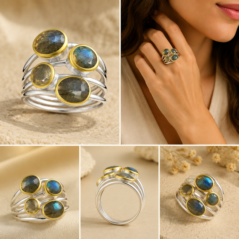 Sterling Silver Multi-Stone Labradorite Ring, 18K Yellow Gold Plated
