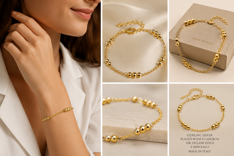 Italian 925 Sterling Silver 4.5mm Ball Bracelet, 18K Yellow Gold Plated