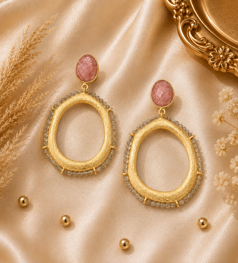 18K Gold Plated Labradorite & Strawberry Quartz Drop Earrings