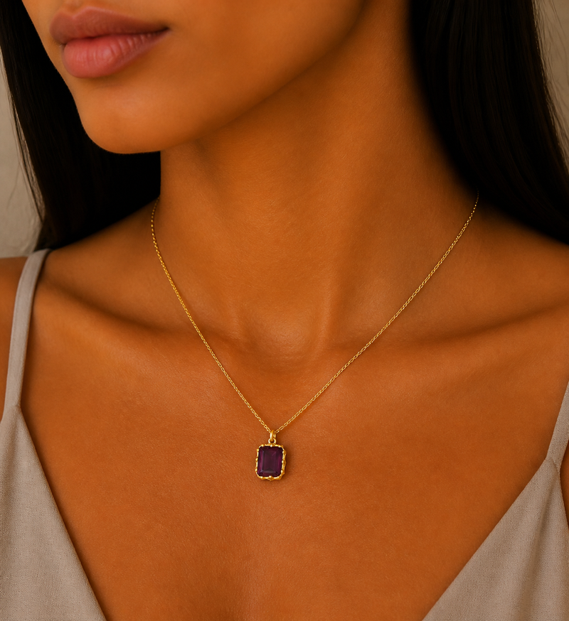 Sterling Silver Necklace, Decorated with Lab-Created Rhodolite, Plated with 0.3 Micron 18K Yellow Gold