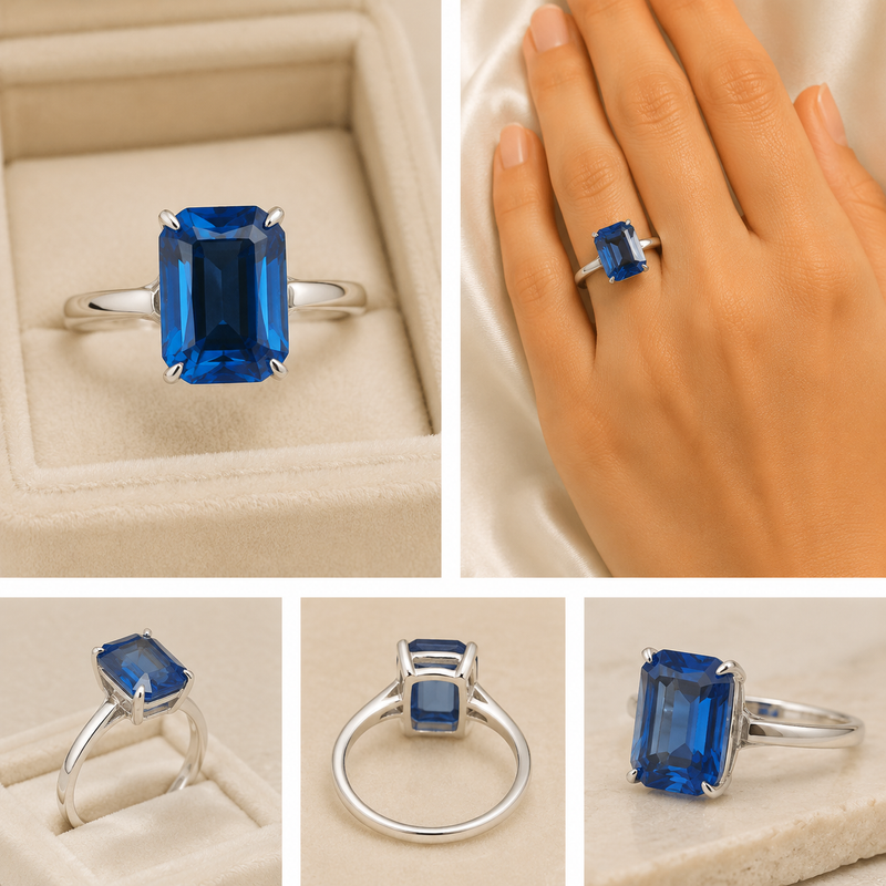 Sterling Silver Emerald Cut Blue Stone Ring – Size 7