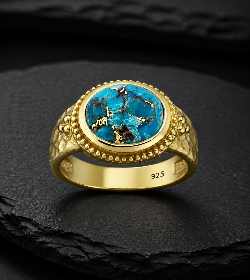 Sterling Silver Reconstructed Copper Turquoise Ring, 18K Yellow Gold Plated