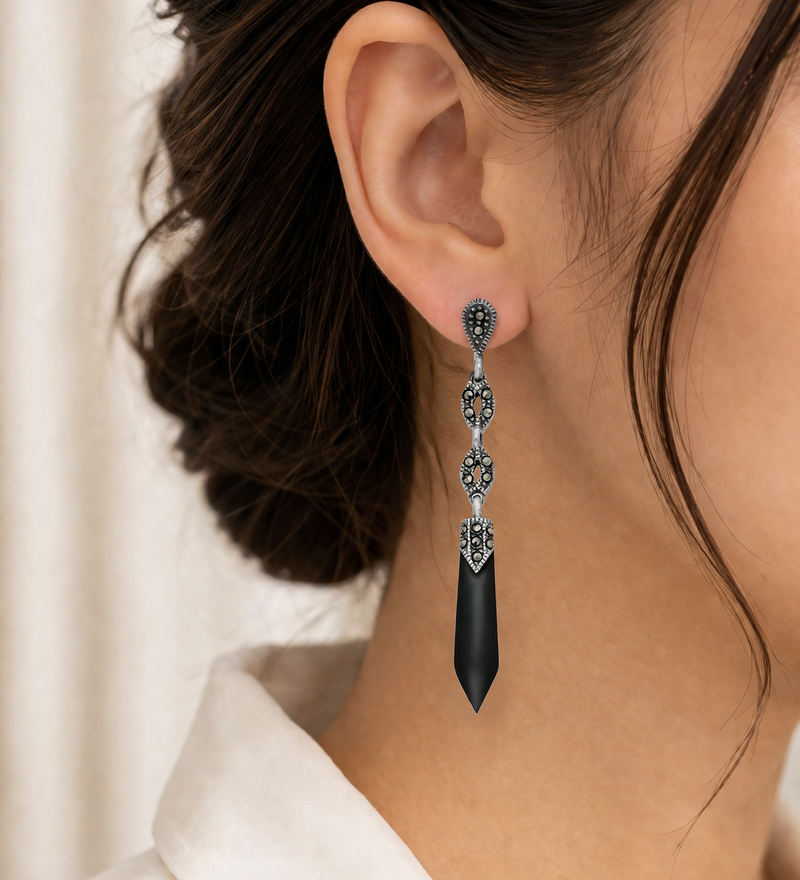 Sterling Silver Push-Back Earrings with Marcasite & Semi-Gemstones