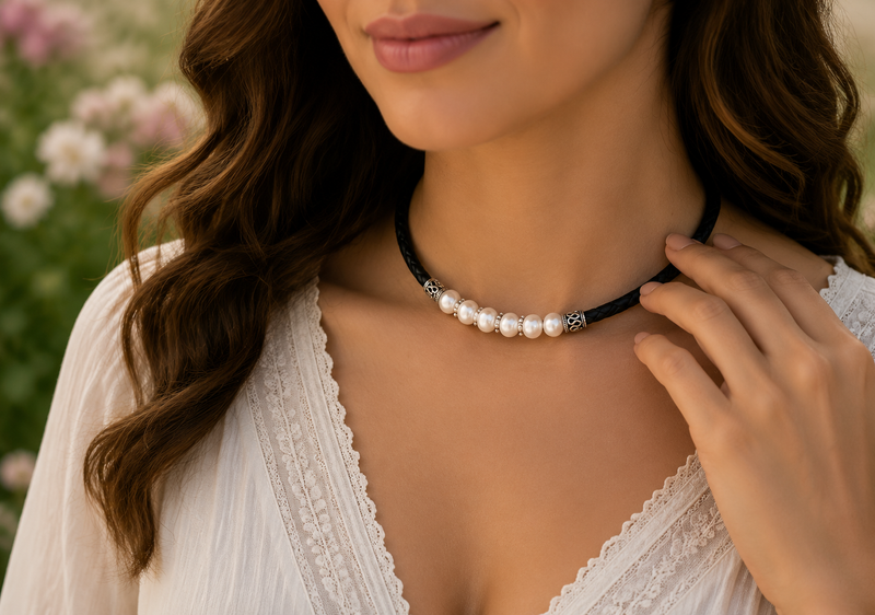 SS Black Leather and Pearl Choker – Elegant and Trendy Necklace