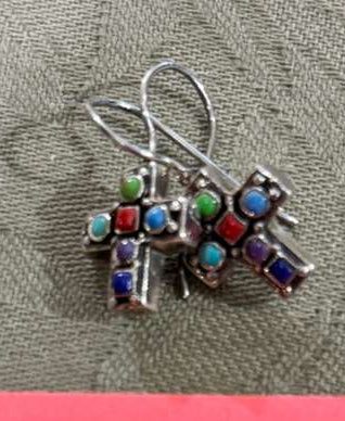 SS Cross Earrings w/ Turq. Coral & Lapis