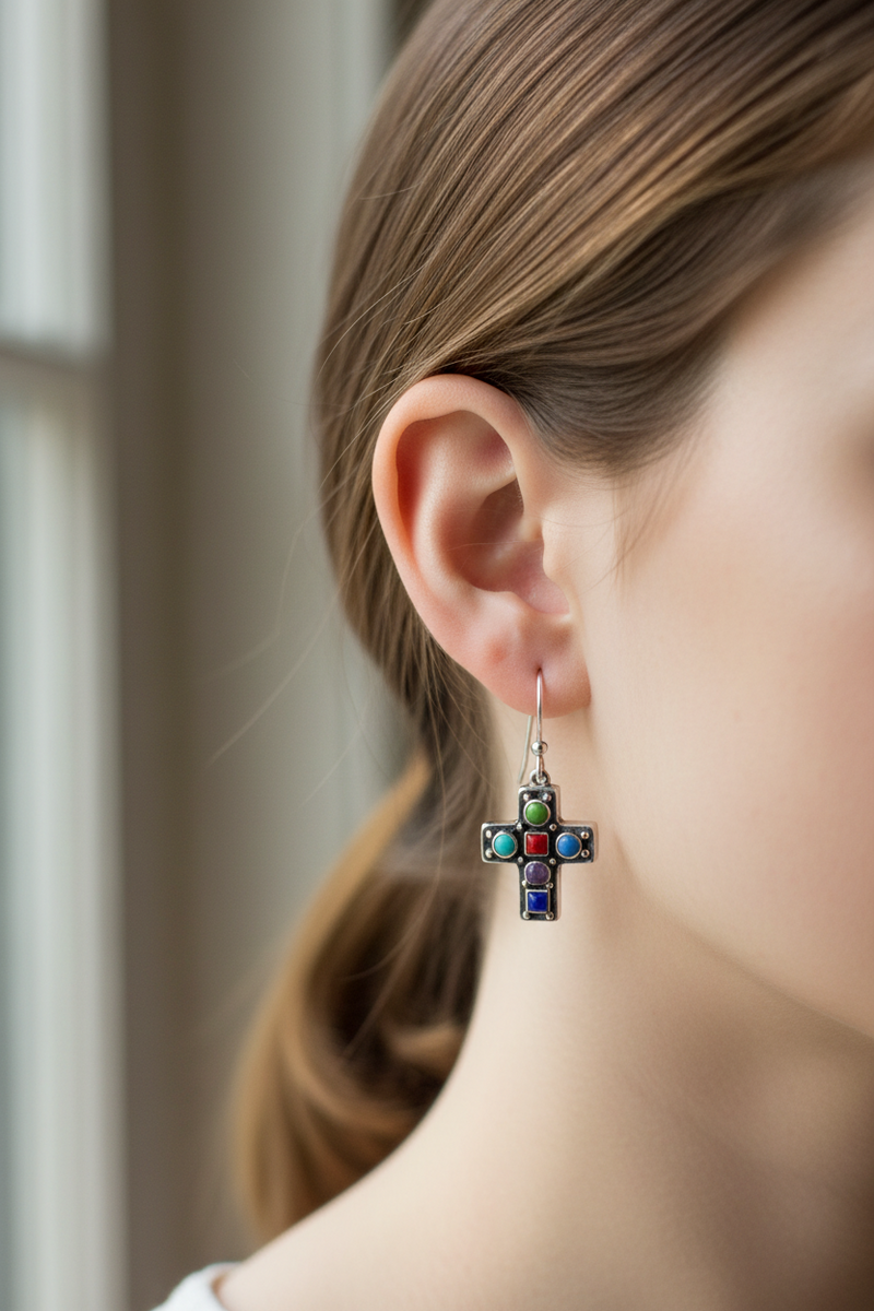 SS Cross Earrings w/ Turq. Coral & Lapis