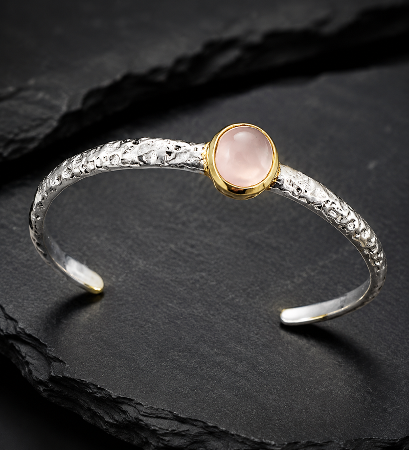 Sterling Silver Rose Quartz Cuff Bracelet, 3 Micron 22K Gold Plated