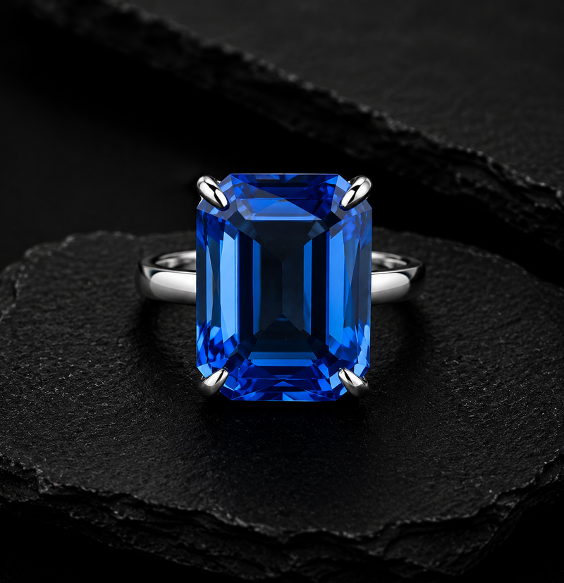 Sterling Silver Emerald Cut Blue Stone Ring – Size 7