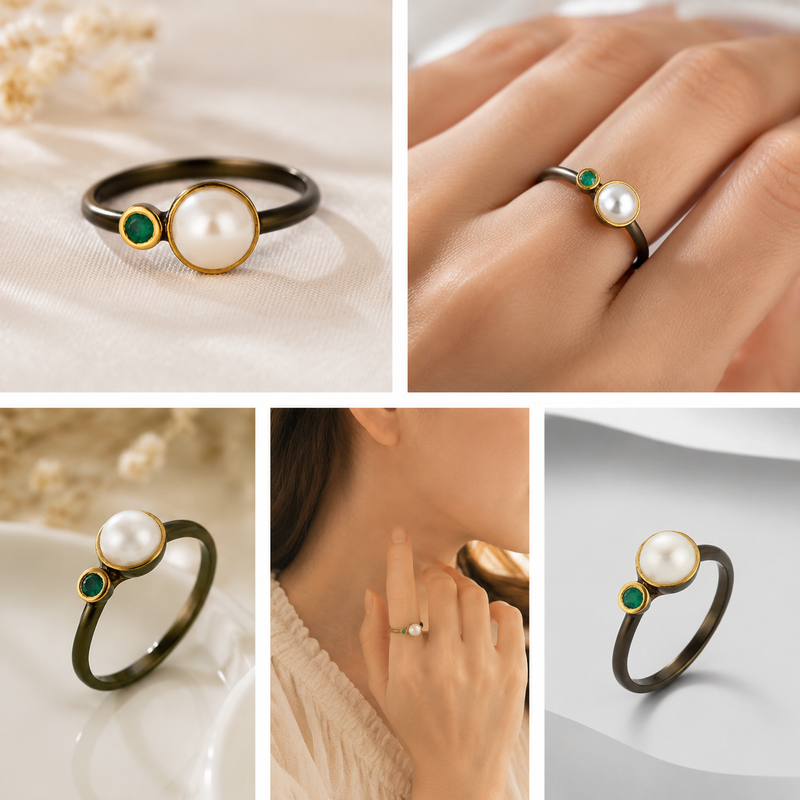 22K Gold & Black Rhodium Plated Pearl & Emerald Sterling Silver Ring