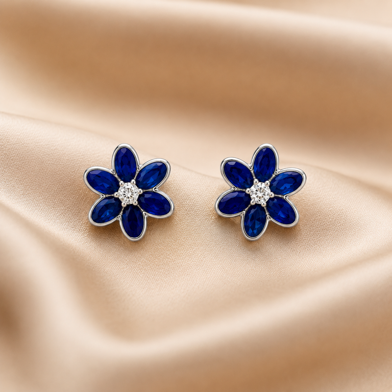 Sapphire Blossom Earrings – 18K White Gold