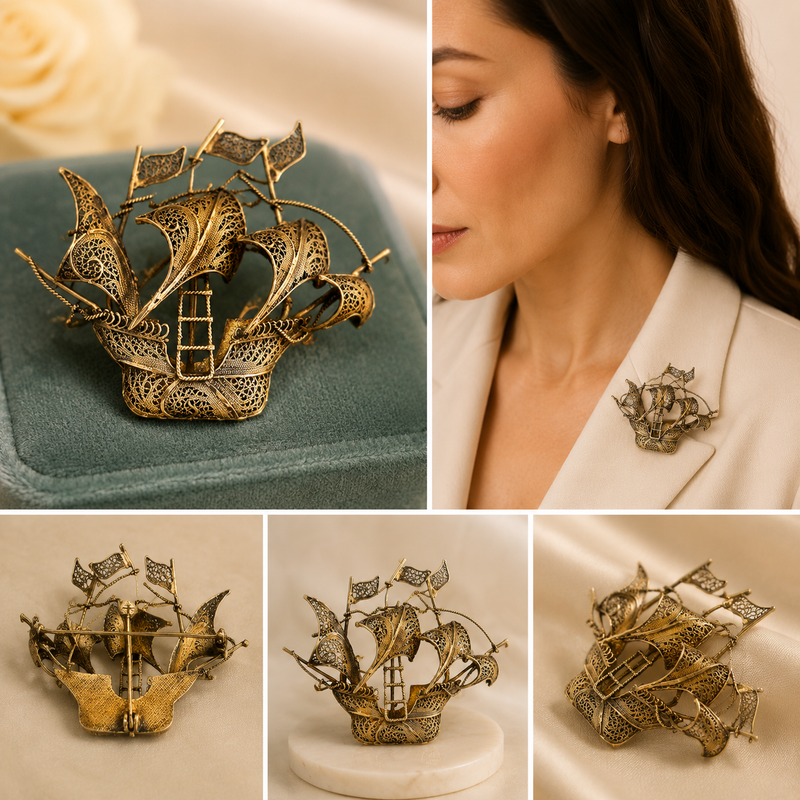 Vintage Brass & 800 Silver Filigree Galleon Brooch – Sailing Ship Pin – Intricate Maritime Statement Jewelry