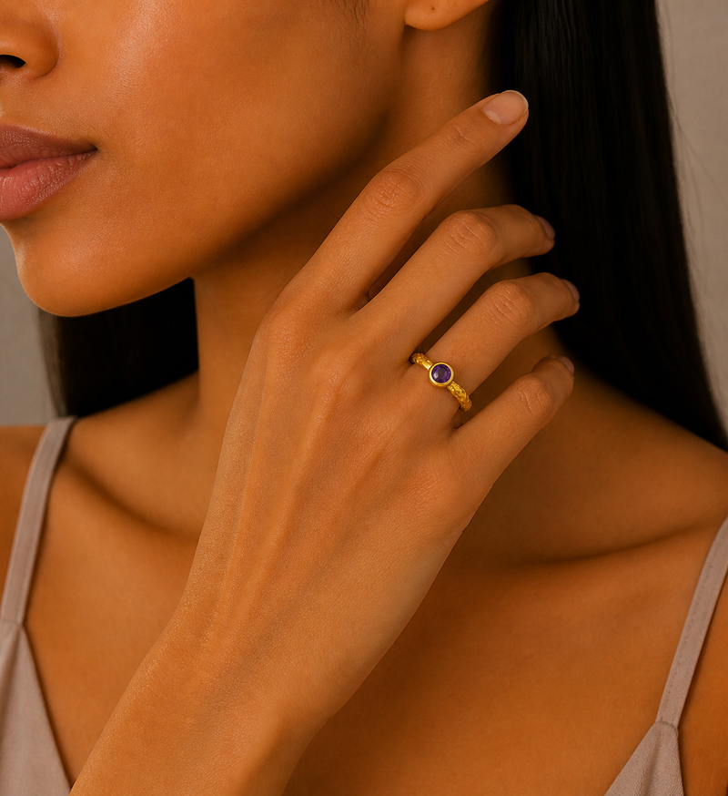 Sterling Silver Ring, Decorated with Amethyst, Plated with 0.3 Micron 18K Yellow Gold