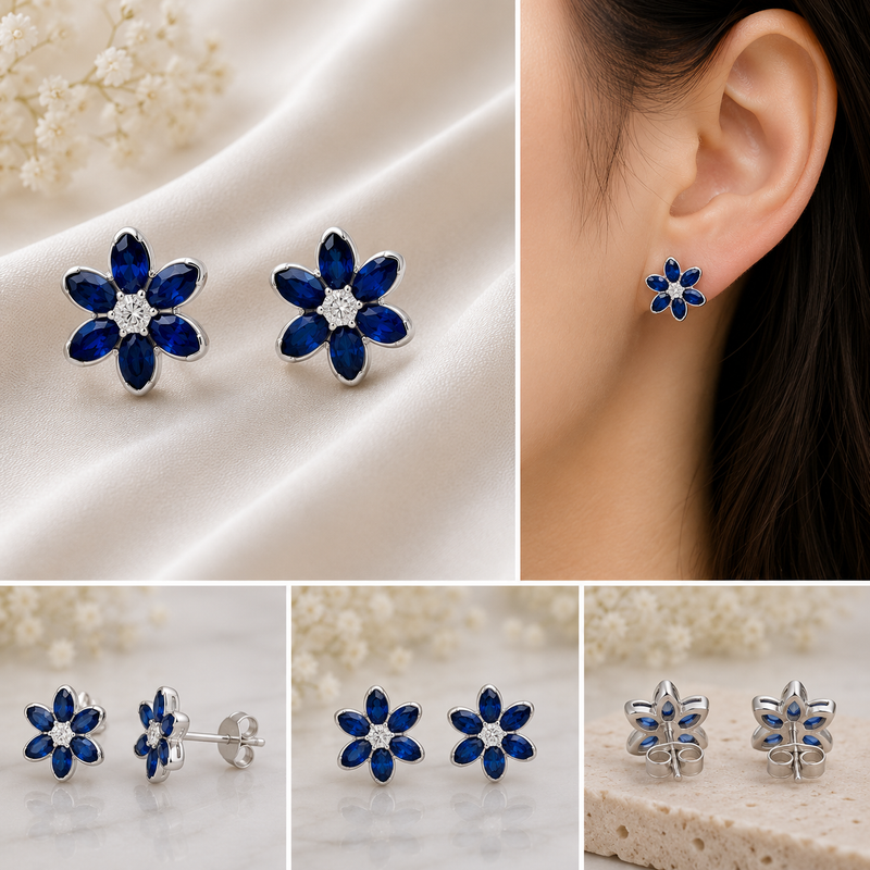 Sapphire Blossom Earrings – 18K White Gold
