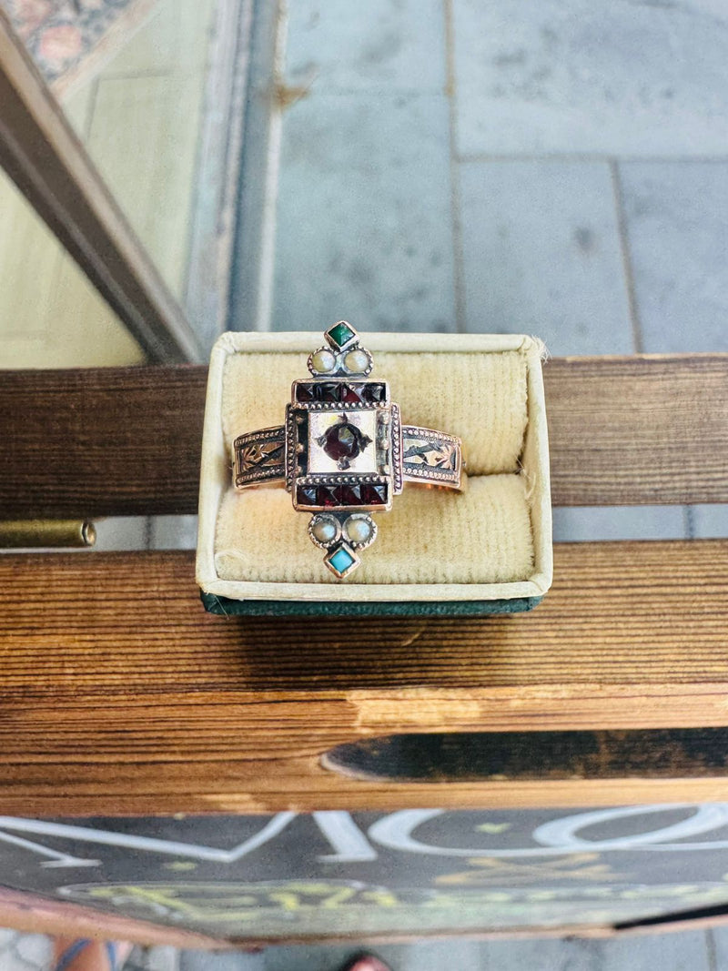 14K VCT Garnet, Turq and PRL Ring