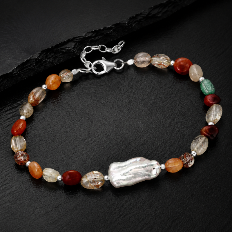 Sterling Silver Freshwater Pearl & Blue Gemstone Bracelet
