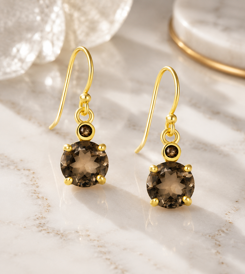 18K Gold Plated Smoky Quartz Sterling Silver Hook Earrings