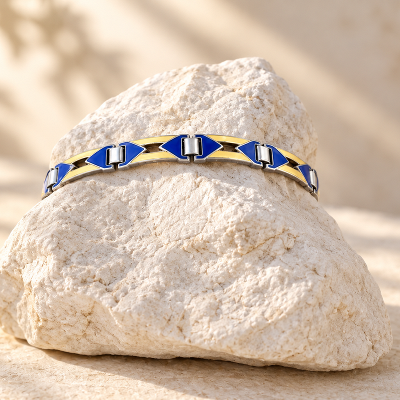 1930s Sterling Silver Blue + Yellow Enamel Bracelet 6 1/2" in diameter