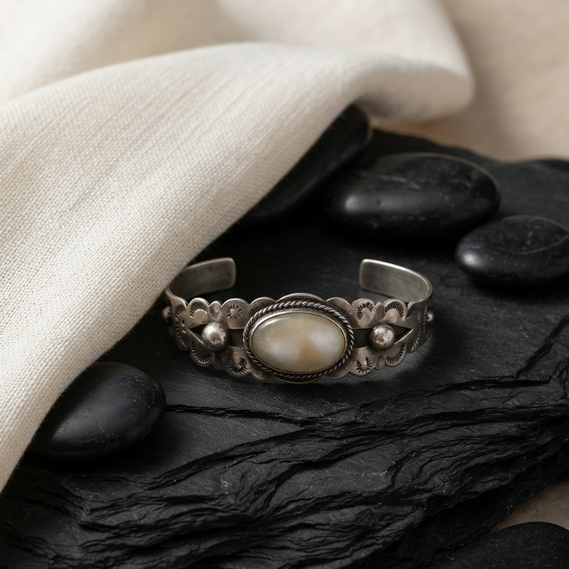 Vintage Etched Stone Cuff in Sterling Silver