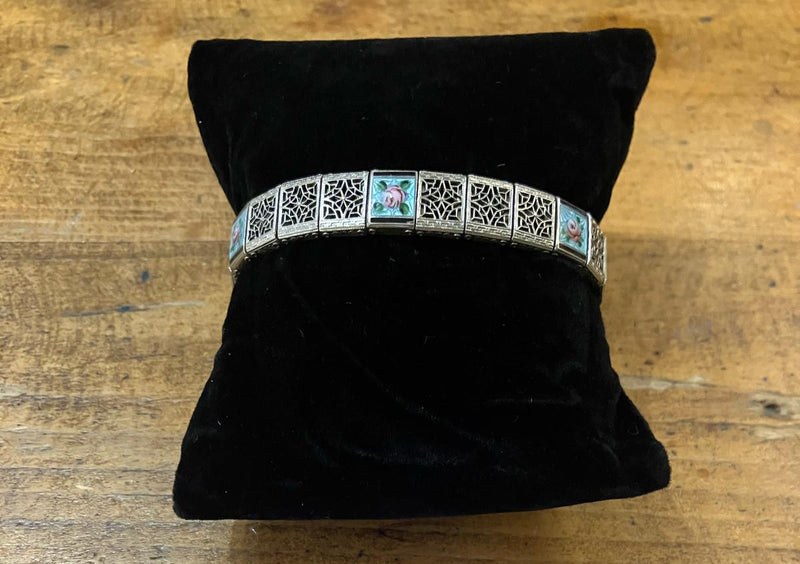 1920s Rhodium Filigree Enamel Bracelet 7" in diameter