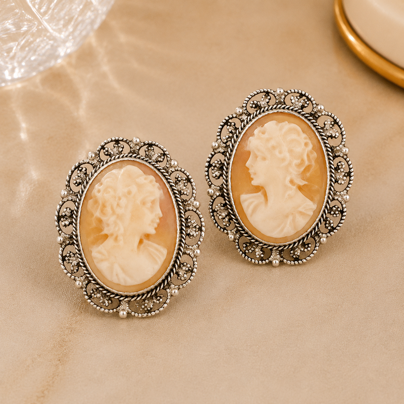 Vintage Italian Sterling Silver Shell Cameo Earrings – Classic Filigree Lady Portrait Earrings