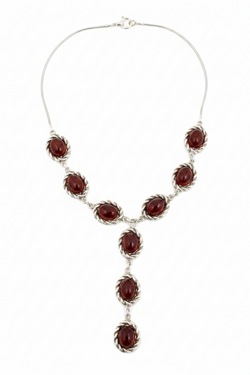 SS Amber Oval Necklace – Elegant Silver with Amber Stones