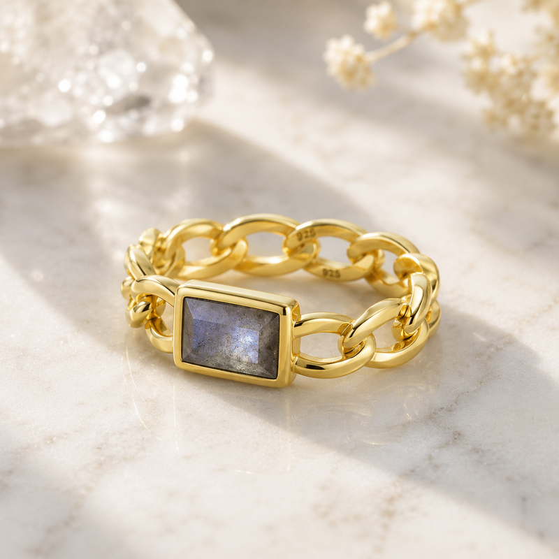 Sterling Silver Labradorite Chain Link Ring, 18K Yellow Gold Plated