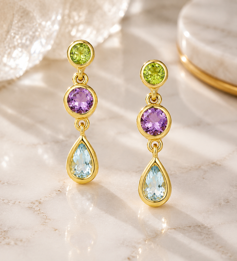 18K Gold Plated Multi-Gemstone Sterling Silver Earrings