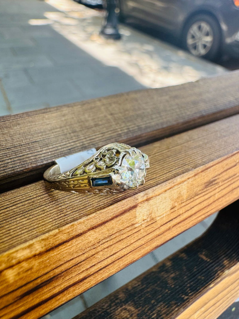 18K Deco filigree 0.91 diamond ring with sapphire