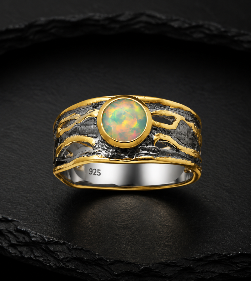 Sterling Silver Ring, Decorated with Ethiopian Opal, Plated with 3 Micron 22K Yellow Gold and Grey Ruthenium