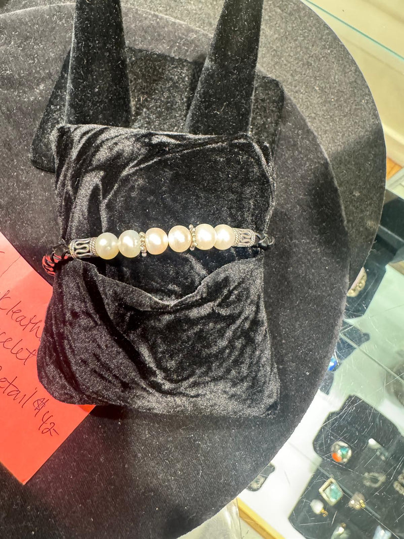 Black Leather + Pearl Bracelet