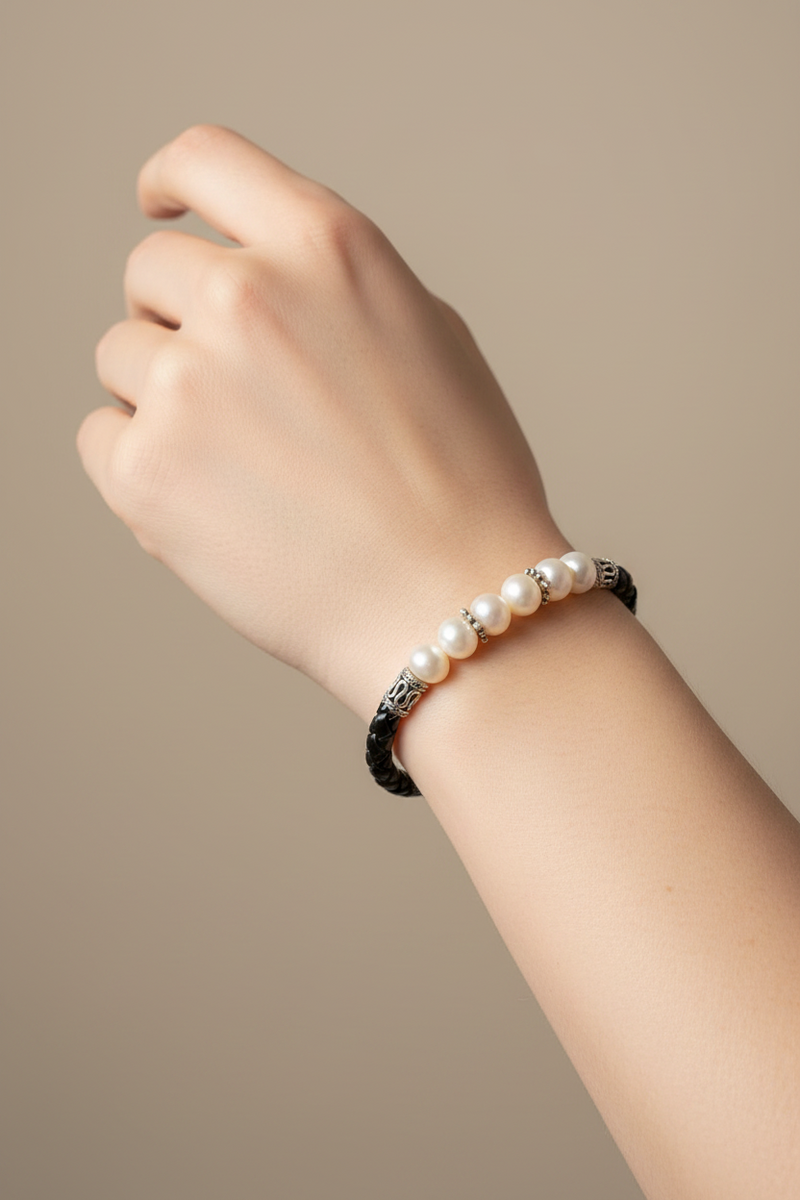 Black Leather + Pearl Bracelet