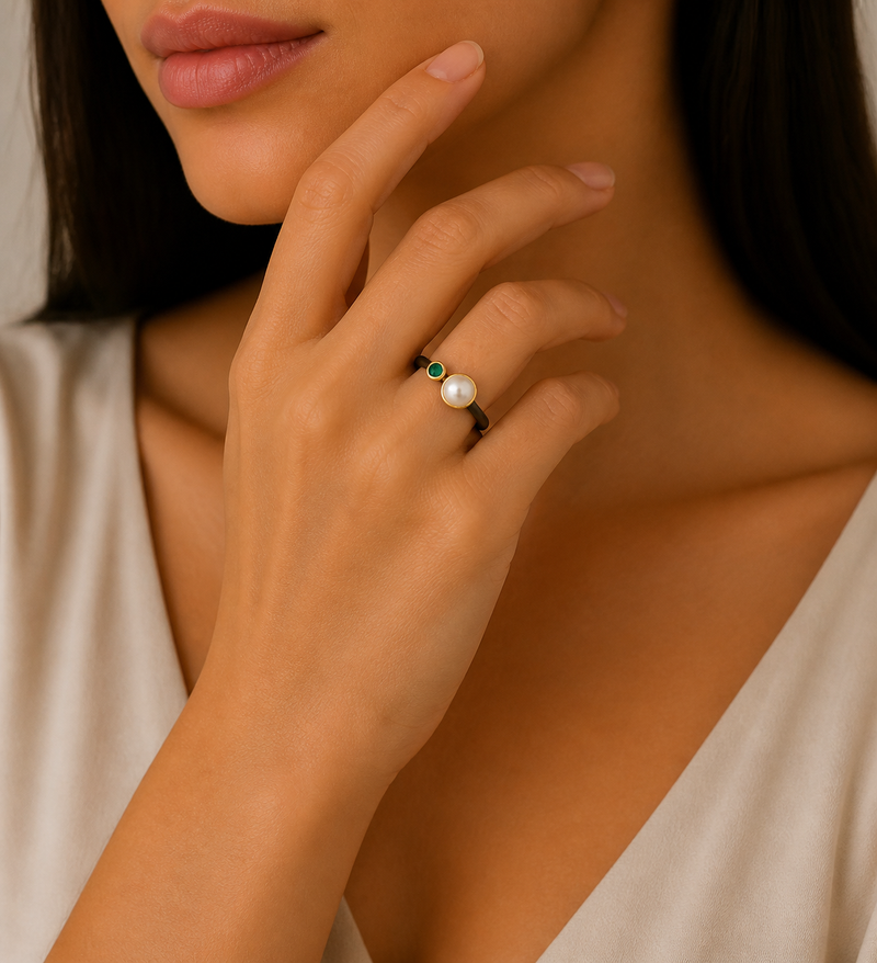 Sterling Silver Ring Decorated with Freshwater Pearl and Emerald, Plated with 3 Micron 22K Yellow Gold and Black Rhodium