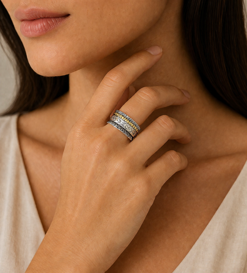 Sterling Oxidized Silver and Brass Flower Spin Ring