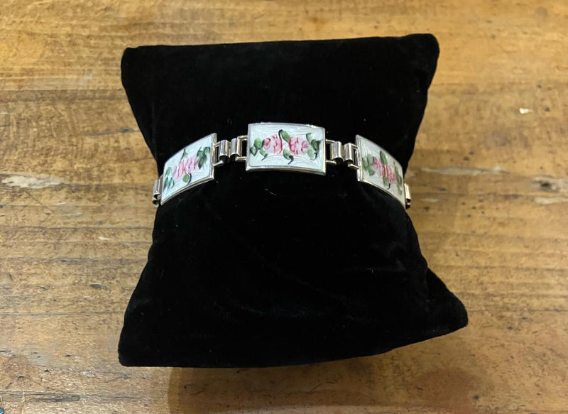 Art Deco Sterling Silver Enamel Floral Link Bracelet 6.5"