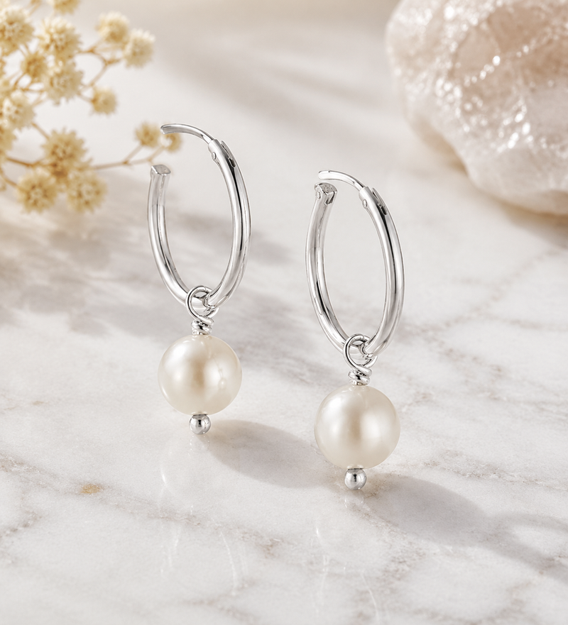 Sterling Silver Freshwater Pearl Hoop Earrings – Elegant Drop Design