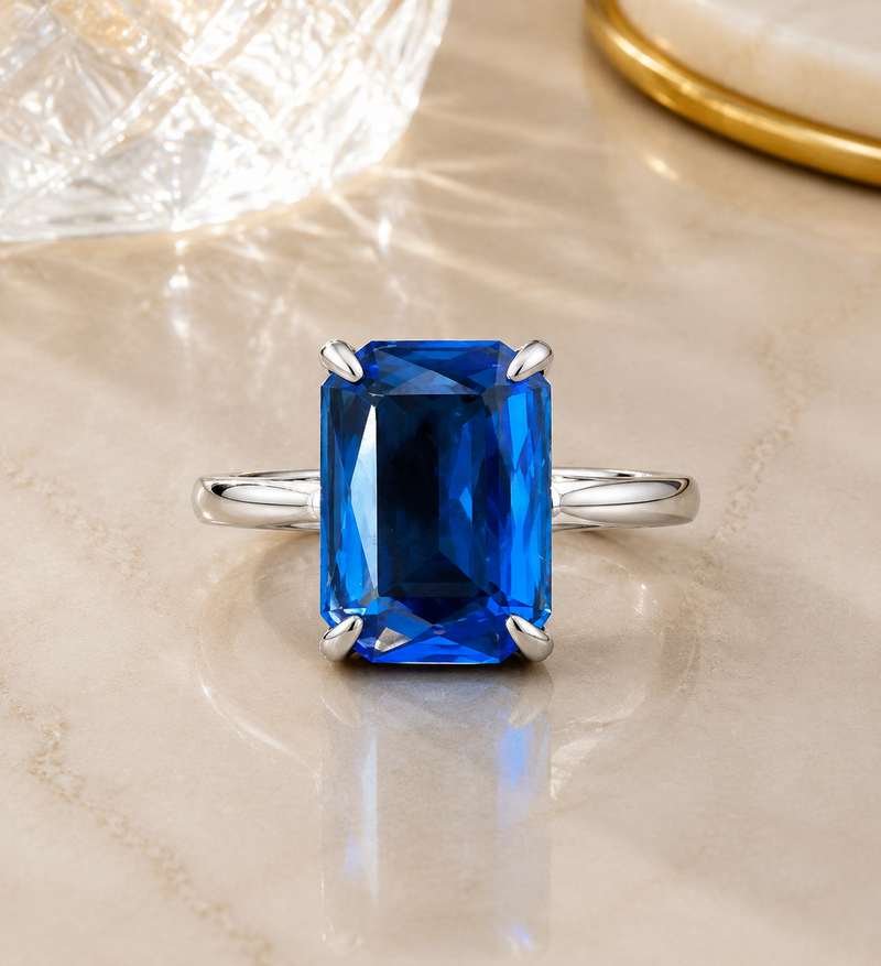 Sterling Silver Emerald Cut Blue Stone Ring – Size 7