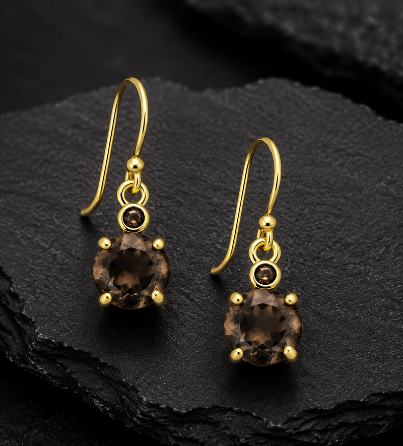 18K Gold Plated Smoky Quartz Sterling Silver Hook Earrings
