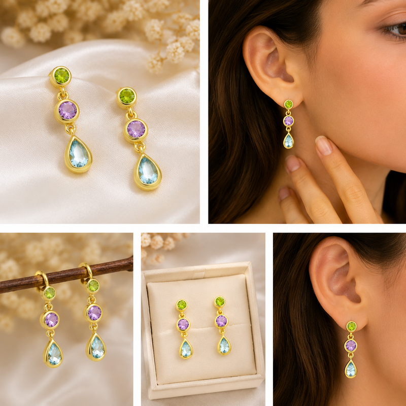 18K Gold Plated Multi-Gemstone Sterling Silver Earrings