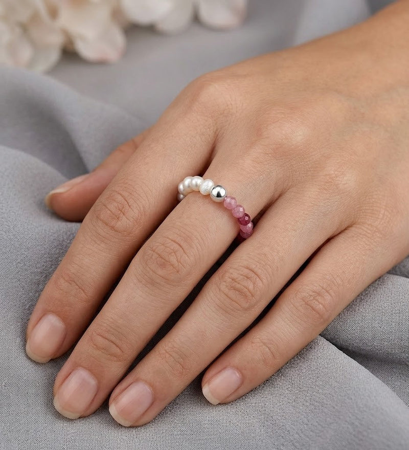 Sterling Silver Ball Stretch Ring, Beaded with Freshwater Pearls and Various Gemstone Beads
