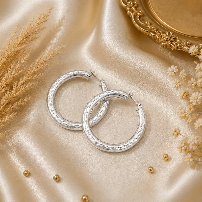 Sterling Silver Diamond-Cut Hoop Earrings