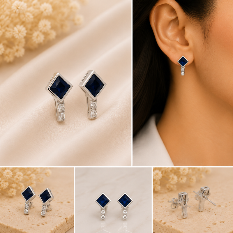 Sapphire Cube Earrings – 14K White Gold