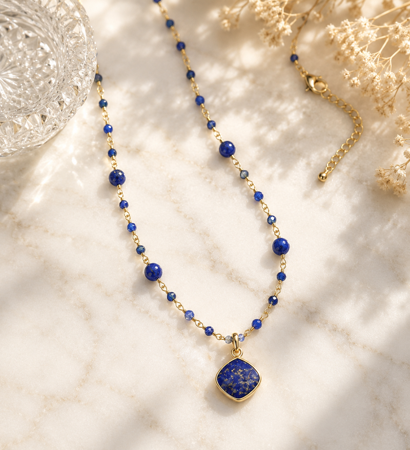 Sterling Silver Blue Sapphire & Lapis Lazuli Beaded Necklace