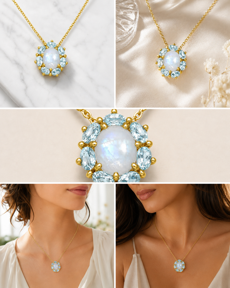 Moonstone & Aquamarine Halo Pendant Necklace 18” long