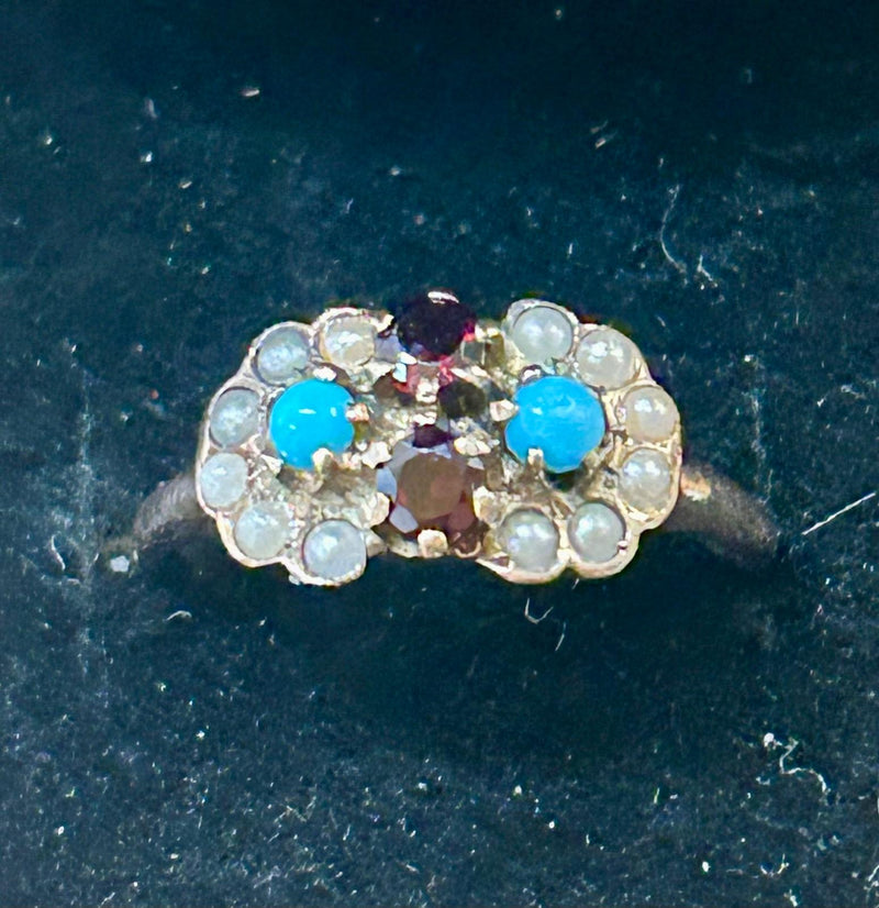 Victorian 14K garnet, seed pearl, turq. Size 6 3/4