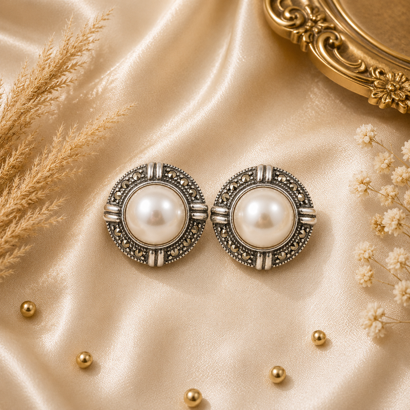 Sterling Silver Marcasite & Faux Pearl Stud Earrings
