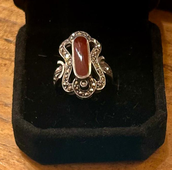 Art Deco Sterling Silver Marcasite & Carnelian Ring