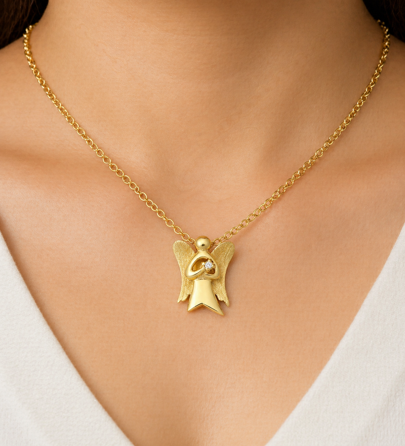 Sterling Silver Angel Pendant, Decorated with CZ Simulated Diamond, Plated with 1 Micron 14K Yellow Gold, Wings Matte Finish