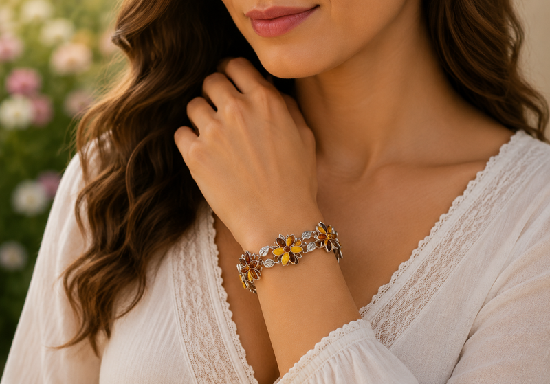 SS Multi Flower Bracelet – Elegant Silver with Amber Flower Design